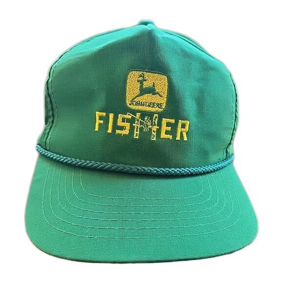 Vintage Snapback Farm Trucker Cap John Deere Tractor Dealer Fisher- Green - Picture 1 of 7
